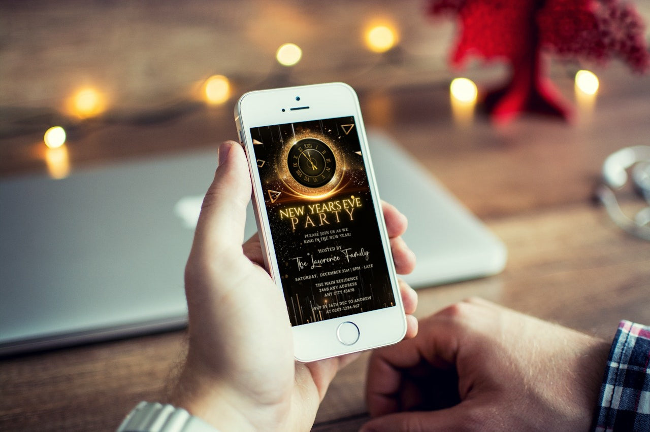 Person holding a smartphone displaying the Golden Cyber Clock, a customizable New Year's Eve Party Evite template from URCordiallyInvited, editable via Canva.