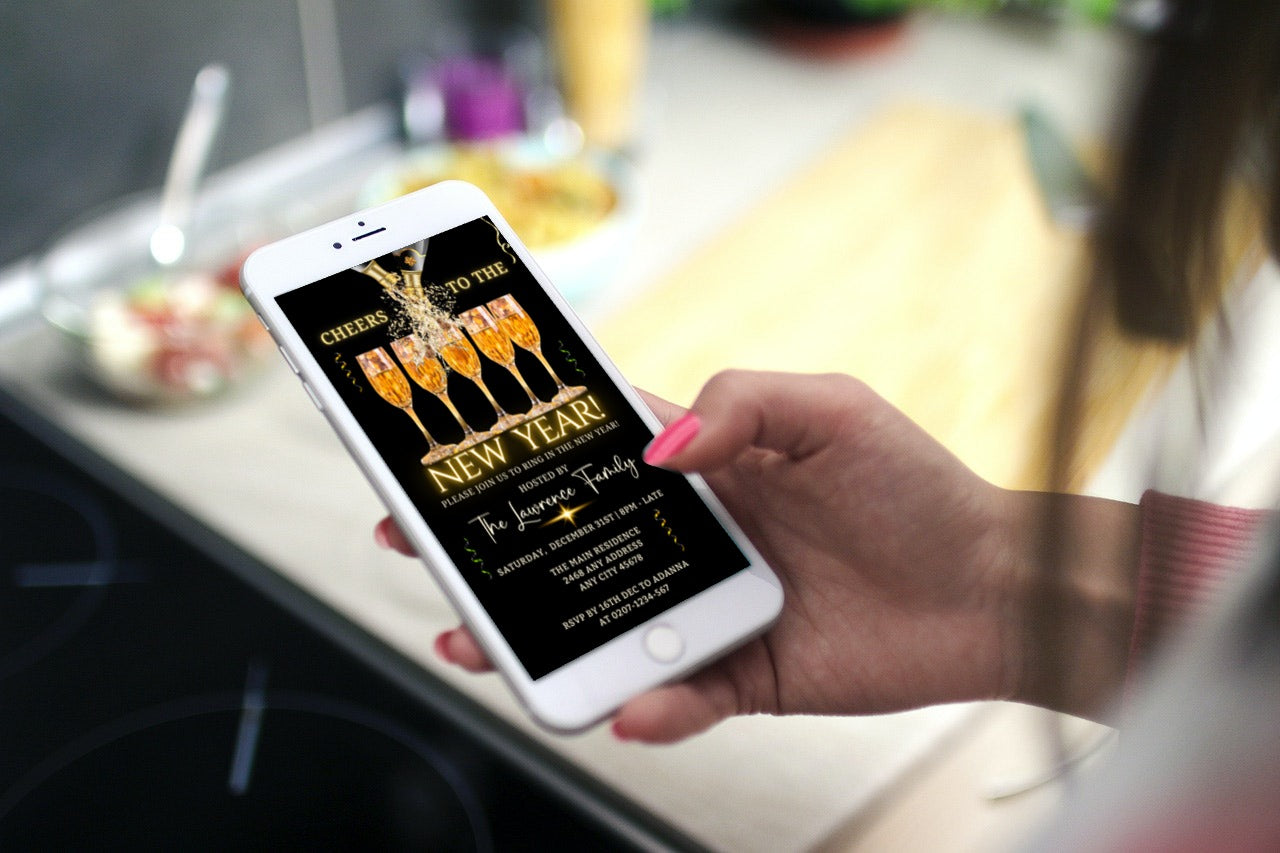 Hand holding a phone displaying a Splashing Champagne Neon Cheers NY New Year's Party digital invitation template from URCordiallyInvited.