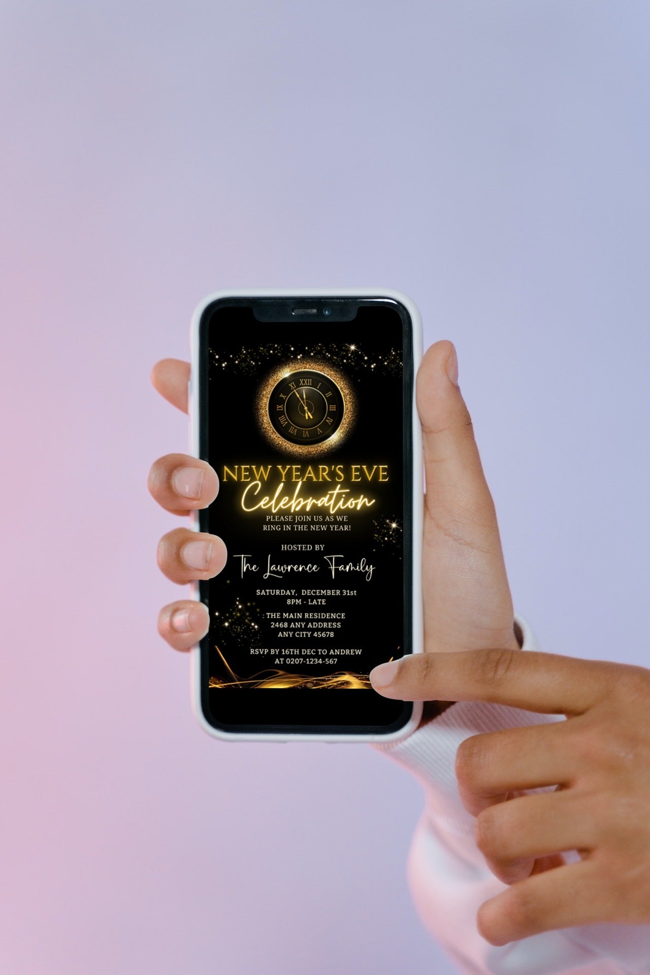 Hand holding a phone displaying the Gold Glitter Clock Celebration Neon New Year's Eve Party Evite template.