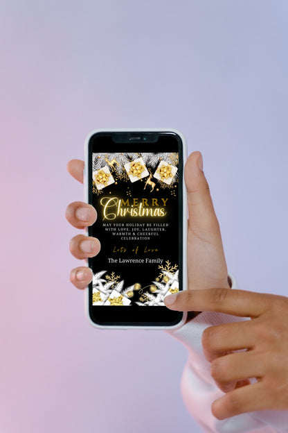 A hand holding a phone displaying the Neon White Gold Merry Christmas Ecard template, ready for easy customization with the Canva Editor.