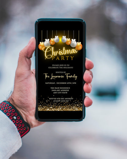 Hand holding a smartphone displaying a customizable Gold Silver Glitter Christmas Party Evite template available for editing via Canva.