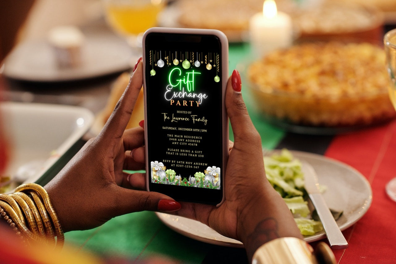 Person holding a phone displaying the Green Neon Ornaments Gift Exchange Christmas Party Evite, a customizable digital invitation template from URCordiallyInvited.