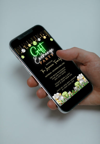 Hand holding a smartphone displaying a customizable Green Neon Ornaments Gift Exchange Christmas Party Evite for digital download and personalization via Canva.