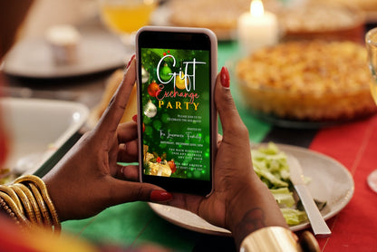 Person holding a smartphone displaying the Green Yellow Red Presents | Gift Exchange Party Evite, a customizable digital invitation template for events.