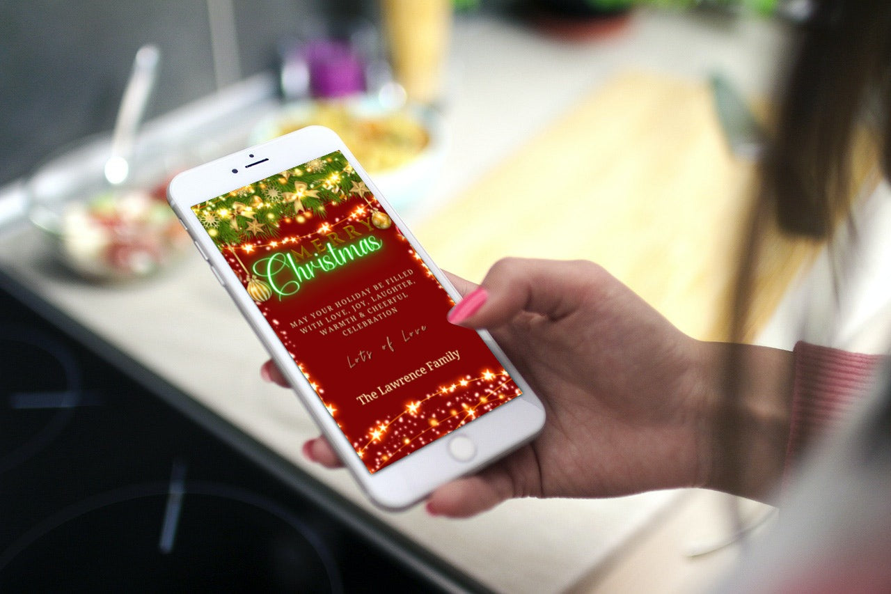 Hand holding a smartphone with a Christmas Lights Green Neon Merry Christmas Ecard displayed, editable via Canva for personalized digital invitations.