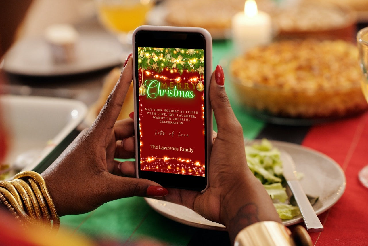 Person holding a smartphone displaying a Merry Christmas Ecard template with green neon lights, editable via Canva for digital invitations.