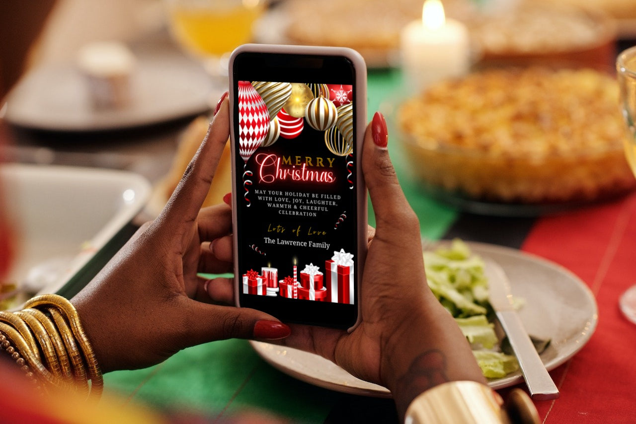 Person holding a smartphone displaying the Gold Red Neon Presents Merry Christmas Greeting Ecard, an editable digital template for personalized electronic invitations.