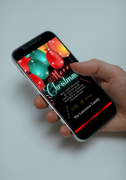 Hand holding a smartphone displaying the Neon Red Teal Balloons Sparkle Merry Christmas Greeting Ecard, highlighting its customizable and digital features.