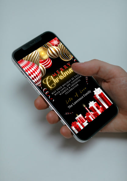 A hand holding a smartphone displaying the Gold Red Neon Presents Merry Christmas Greeting Ecard template for customization via Canva.
