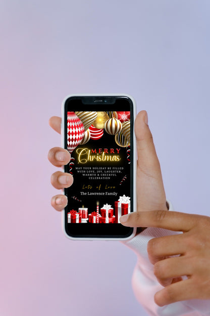 Hand holding a smartphone displaying a customizable Gold Red Neon Presents Merry Christmas Greeting Ecard.