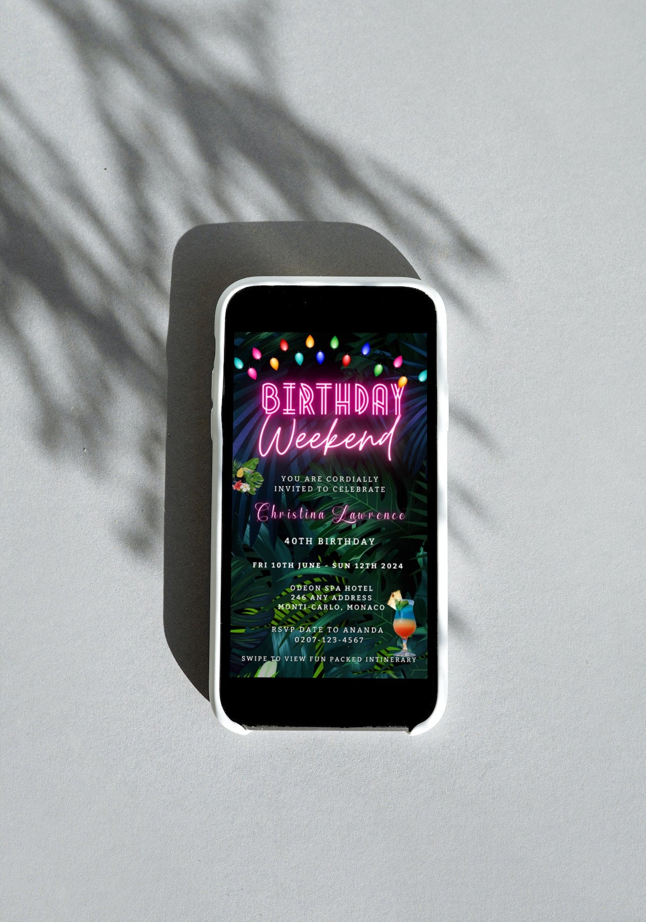 Smartphone displaying Tropical Destination Neon Pink | Weekend Party Evite with customizable pink neon text. Download and personalize via Canva for digital invites.