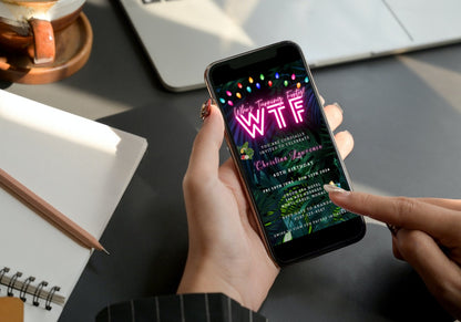 Person holding a phone displaying a customizable Tropical Destination Neon Pink | Who's Turning Forty Weekend Evite template.