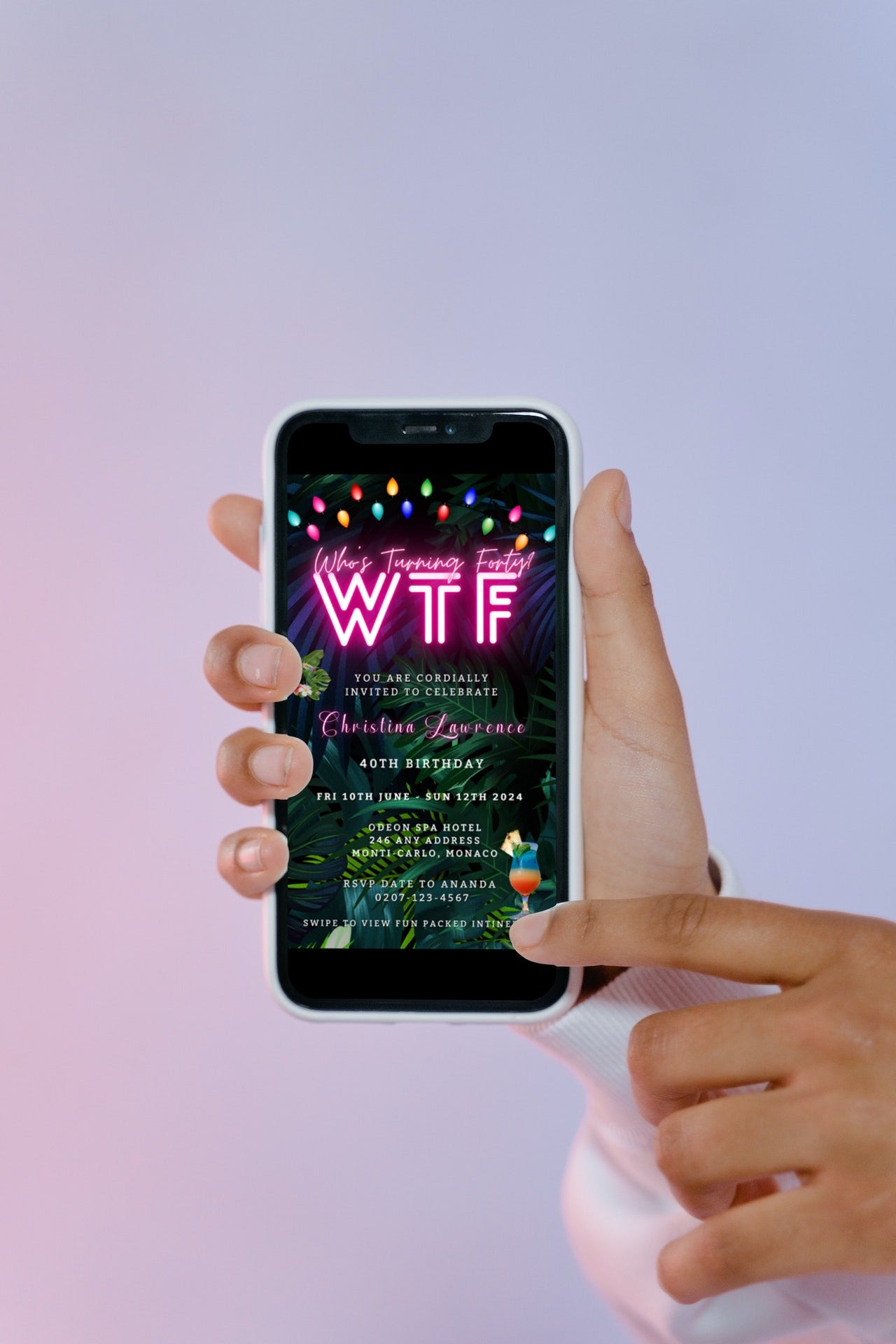 Hand holding a smartphone displaying a customizable Tropical Destination Neon Pink Who's Turning Fifty Weekend digital invitation evite template from URCordiallyInvited.
