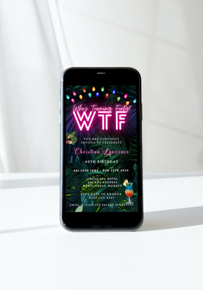 Smartphone displaying customisable Tropical Destination Neon Pink Who's Turning Fifty Weekend evite. Neon sign on screen for DIY digital invitation template.