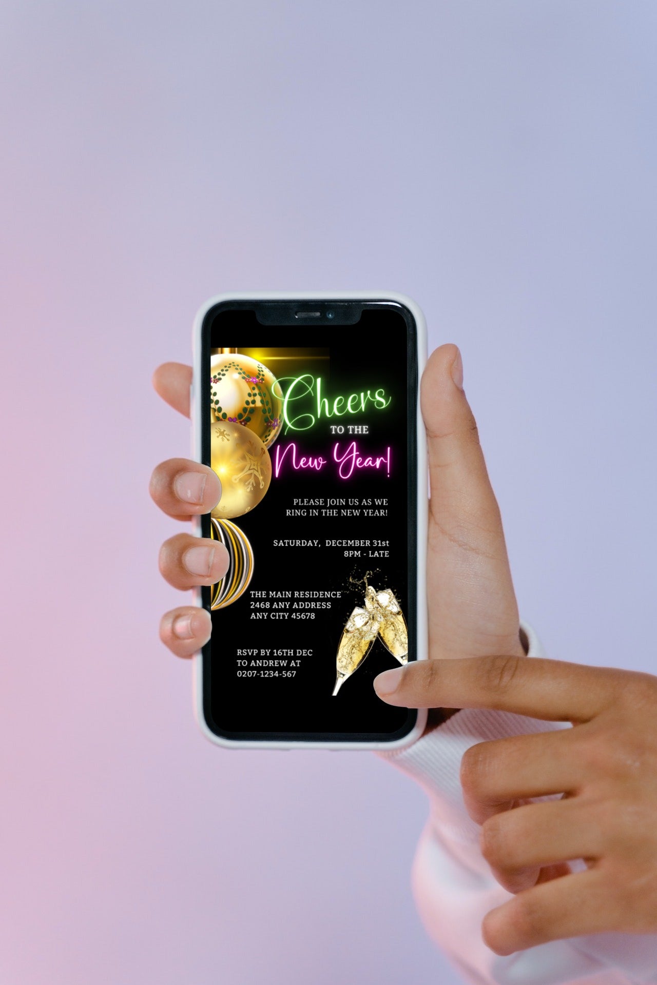 Hand holding a smartphone displaying the Neon Pink Green Ornaments Cheers New Year's Eve Party Evite, customizable via Canva for easy event details editing and electronic sharing.