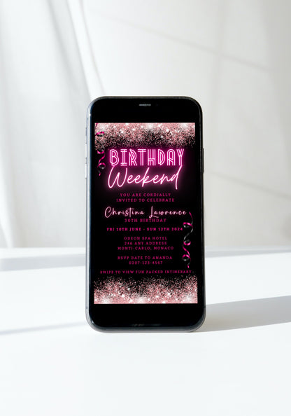 Neon Pink Glitter Confetti | Weekend Party Evite displayed on a smartphone, featuring customizable pink text and confetti graphics for digital invitations.