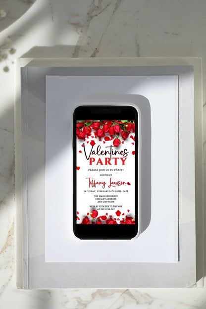 Red Roses Border Themed Valentines Party Evite displayed on a smartphone screen inside a box.