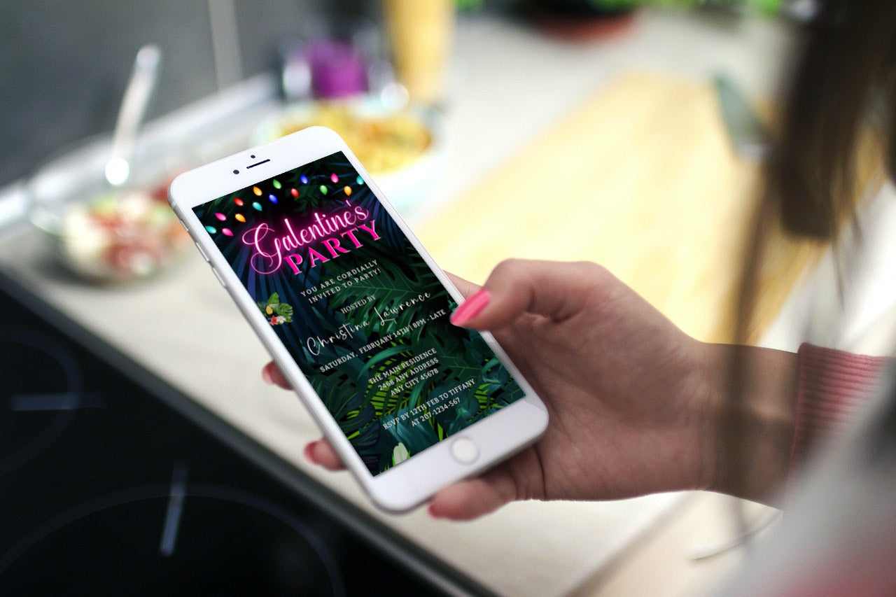 Hand holding a phone displaying the Tropical Neon Pink | Galentines Brunch Party Evite template, customizable via Canva for digital invitations.