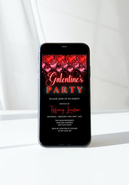Floating Red Heart Balloons Galentines Party Evite displayed on a smartphone screen with editable text, designed for easy customization and electronic sharing.
