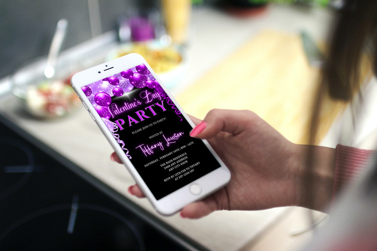 Hand holding smartphone displaying Neon Purple Balloons | Valentines Party Evite template, editable via Canva for personalized digital invitations.