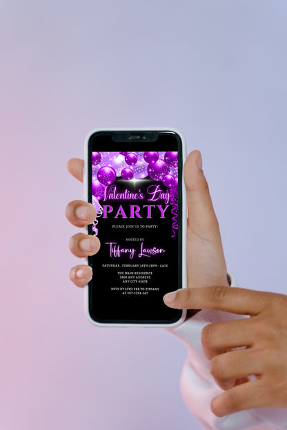 Person holding a smartphone displaying a customizable digital invitation for a Neon Purple Balloons Valentine's Party Evite.