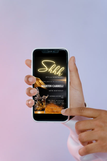 Hand holding a smartphone displaying the customizable Gold Neon Surprise | Birthday Party Evite, editable via the Canva app for effortless personalization and digital sharing.