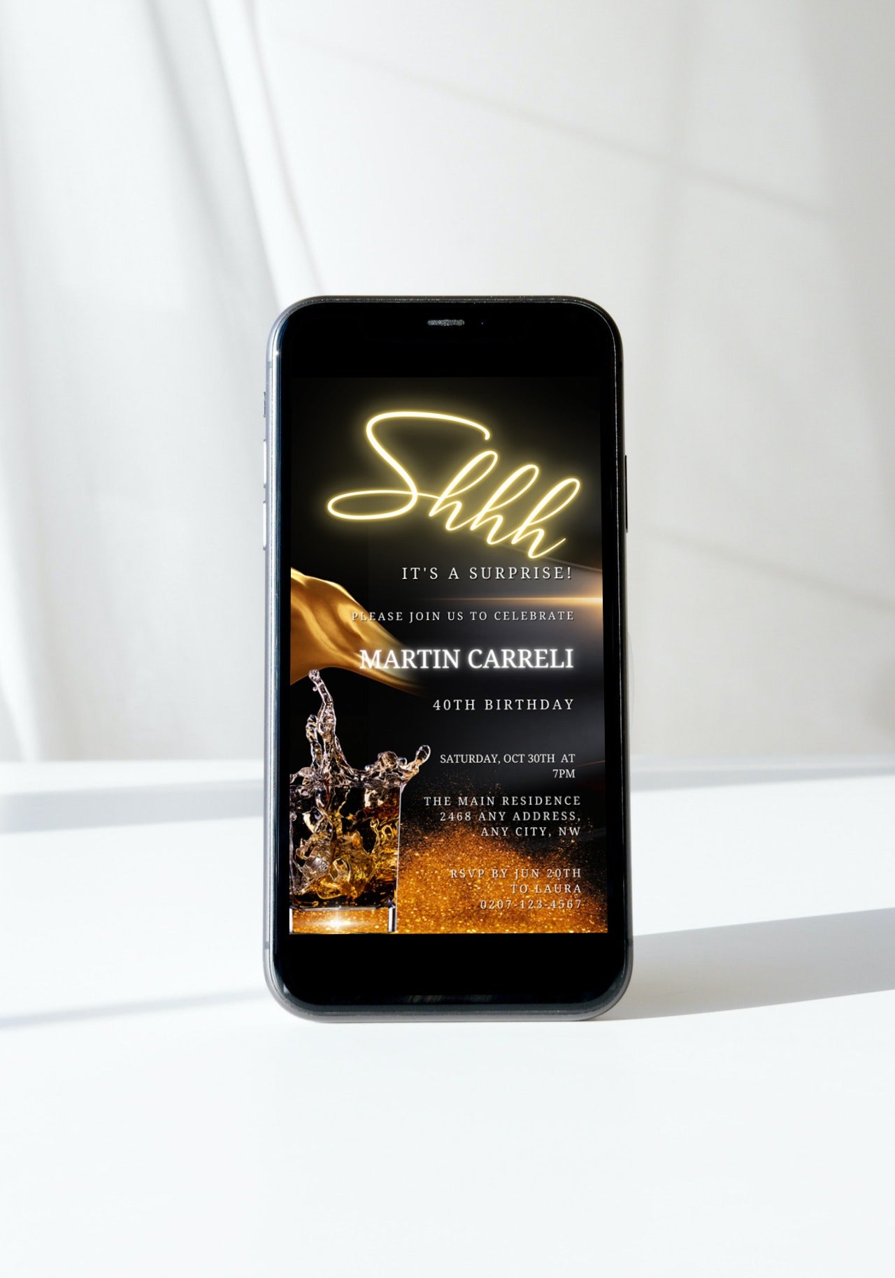 Gold Neon Surprise Birthday Party Evite on a smartphone screen, showcasing an editable digital invitation template for instant download and customization via the Canva app.
