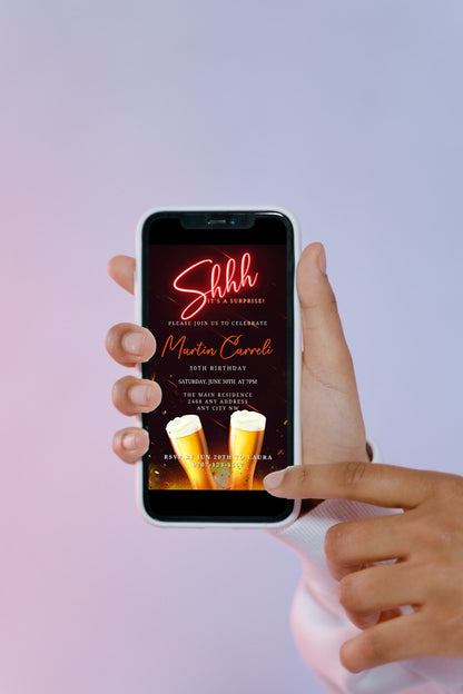 Hand holding a smartphone displaying a digital invitation for Red Neon Beer Mugs Surprise | Birthday Party Evite from URCordiallyInvited.