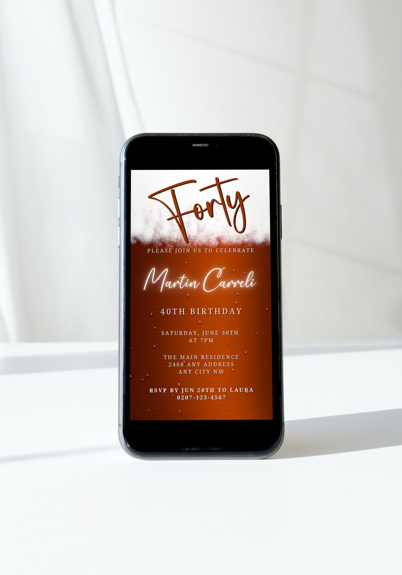 Brown White Beer Themed 40th Birthday Evite displayed on a smartphone, showcasing a customizable digital invitation template for easy personalization and electronic sharing via Canva.
