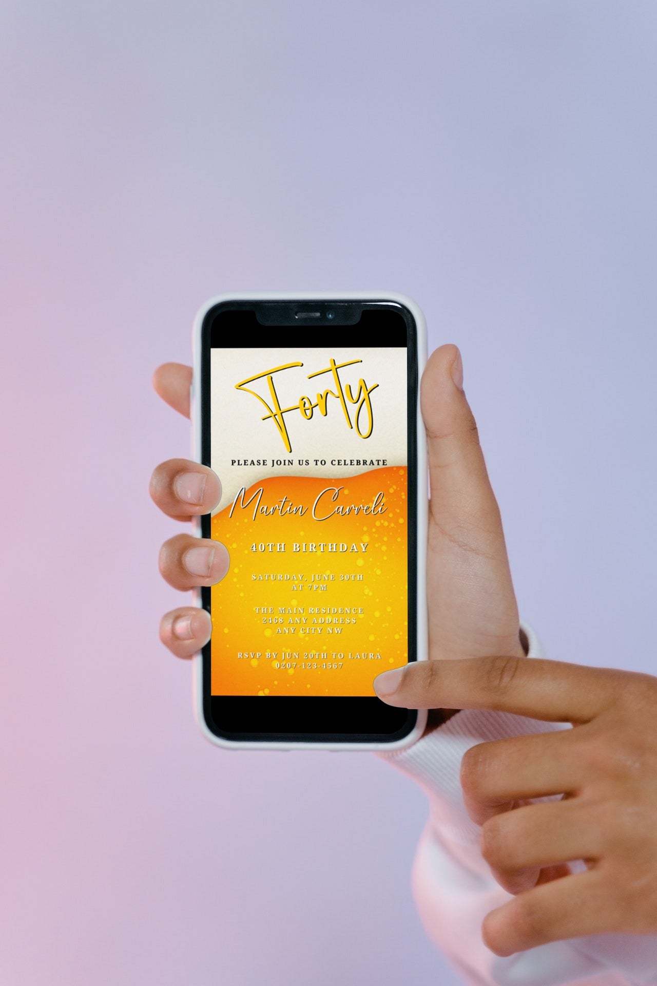 Hand holding a smartphone displaying a customizable Yellow White Beer Themed 40th Birthday Evite from URCordiallyInvited.