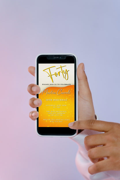 Hand holding a smartphone displaying a customizable Yellow White Beer Themed 40th Birthday Evite from URCordiallyInvited.