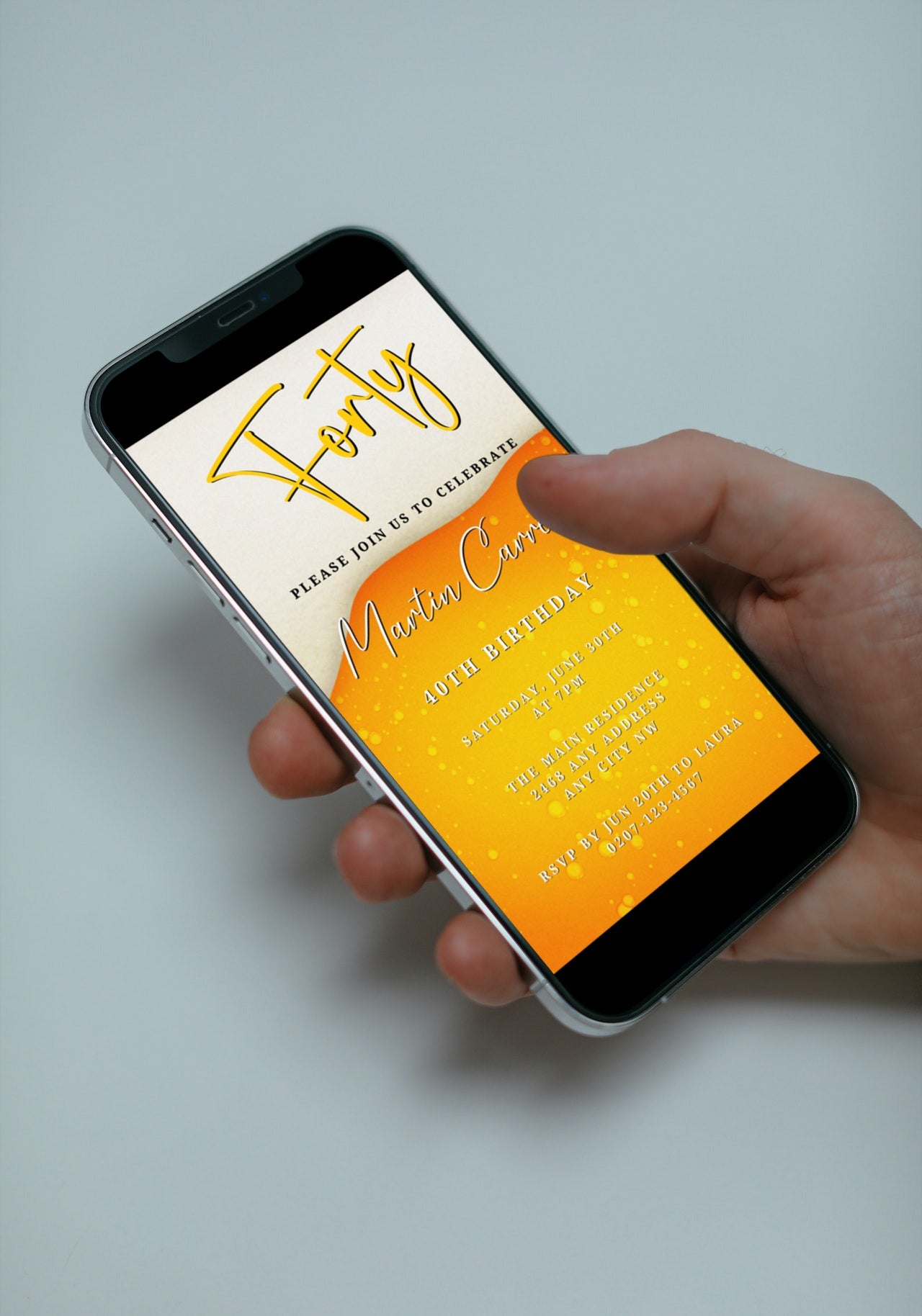 Hand holding a smartphone displaying the Yellow White Beer Themed | 40th Birthday Evite customizable digital invitation template.