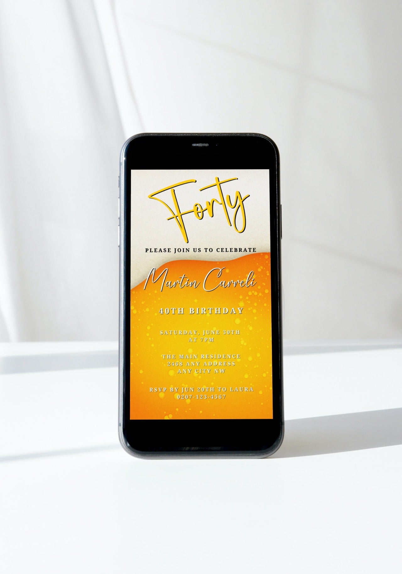 Yellow White Beer Themed 40th Birthday Evite displayed on a smartphone screen, showcasing customizable invitation text and design elements suitable for electronic sharing.