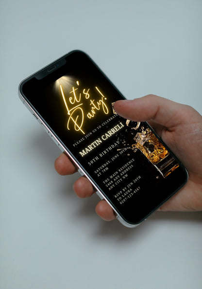 Hand holding a smartphone displaying a customizable Gold Neon Splashing Cubes Party Evite, editable via Canva for easy digital sharing.