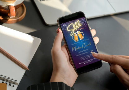 A person holds a phone displaying a Men's Blue Gold Neon Surprise Party Evite invitation template.