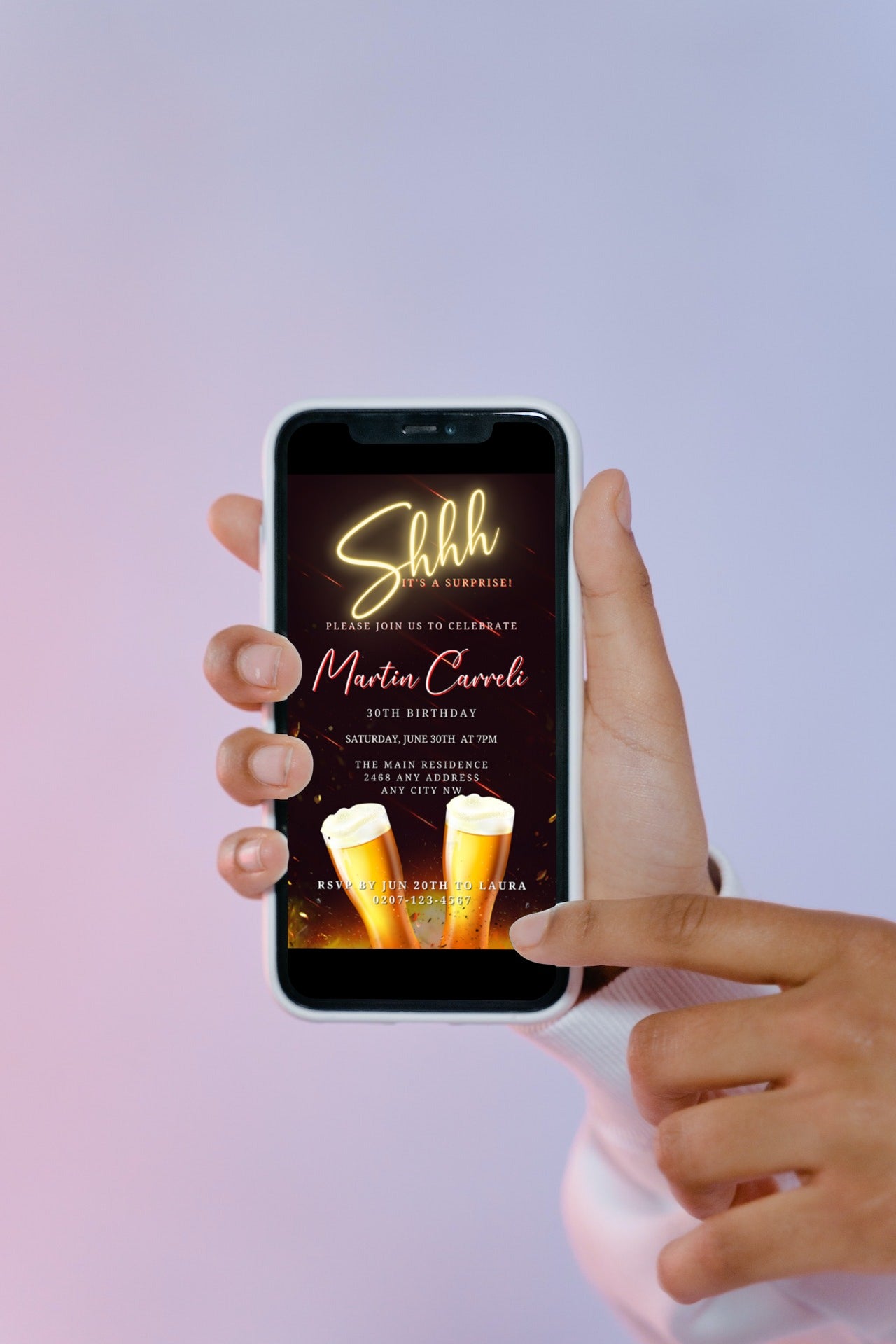 Hand holding a smartphone displaying customizable Gold Neon Beer | Men's Surprise Party Evite invitation template, available for DIY personalization and digital sharing.