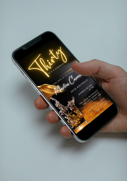 Hand holding a smartphone displaying a customisable Black Gold Neon 30th Surprise Party Evite, editable via Canva for easy sharing through text or email.