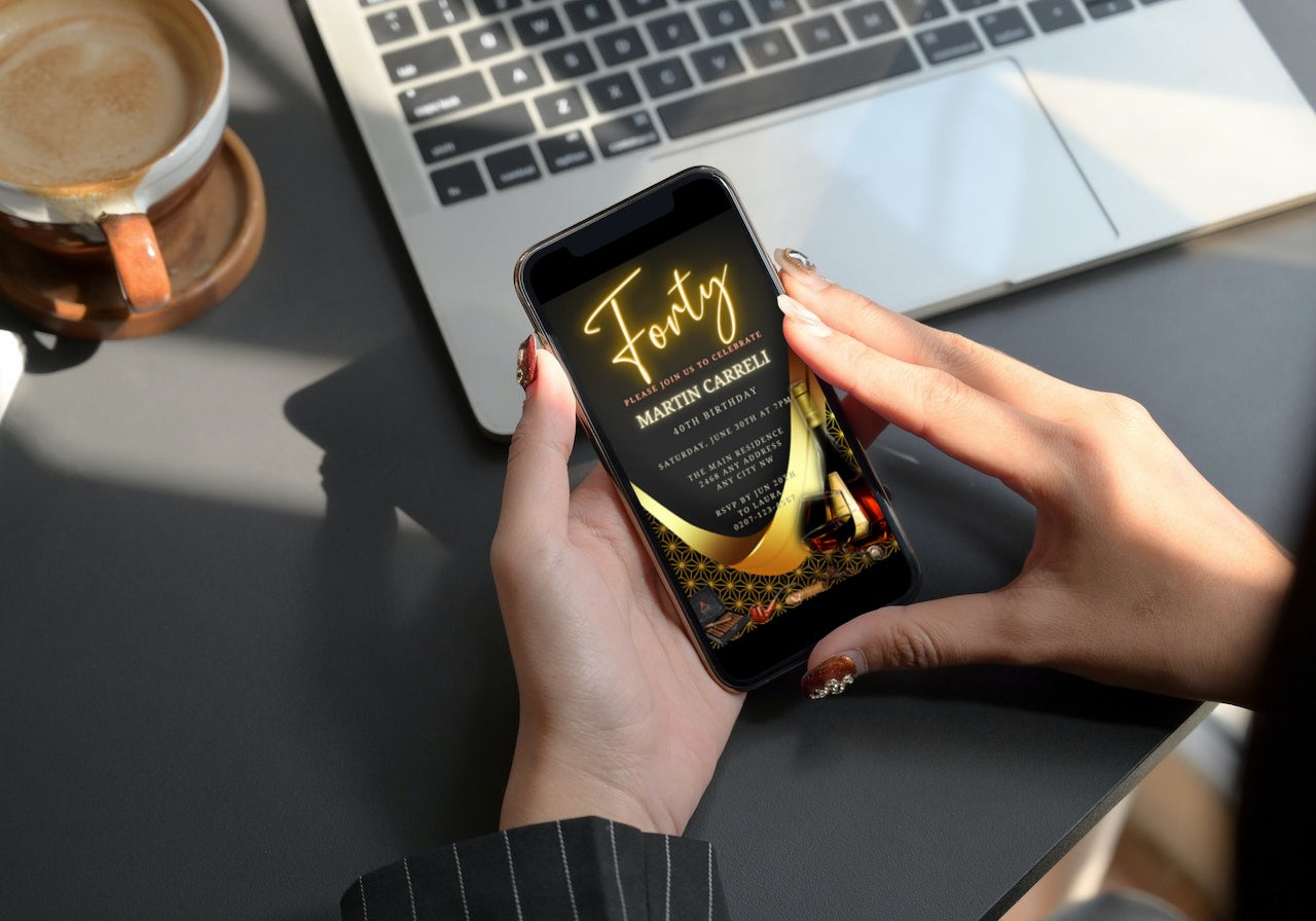 Person holding a phone displaying a customizable Black Neon Gold Cigar Men's 40th Birthday Evite from URCordiallyInvited's eco-friendly digital invitation templates.