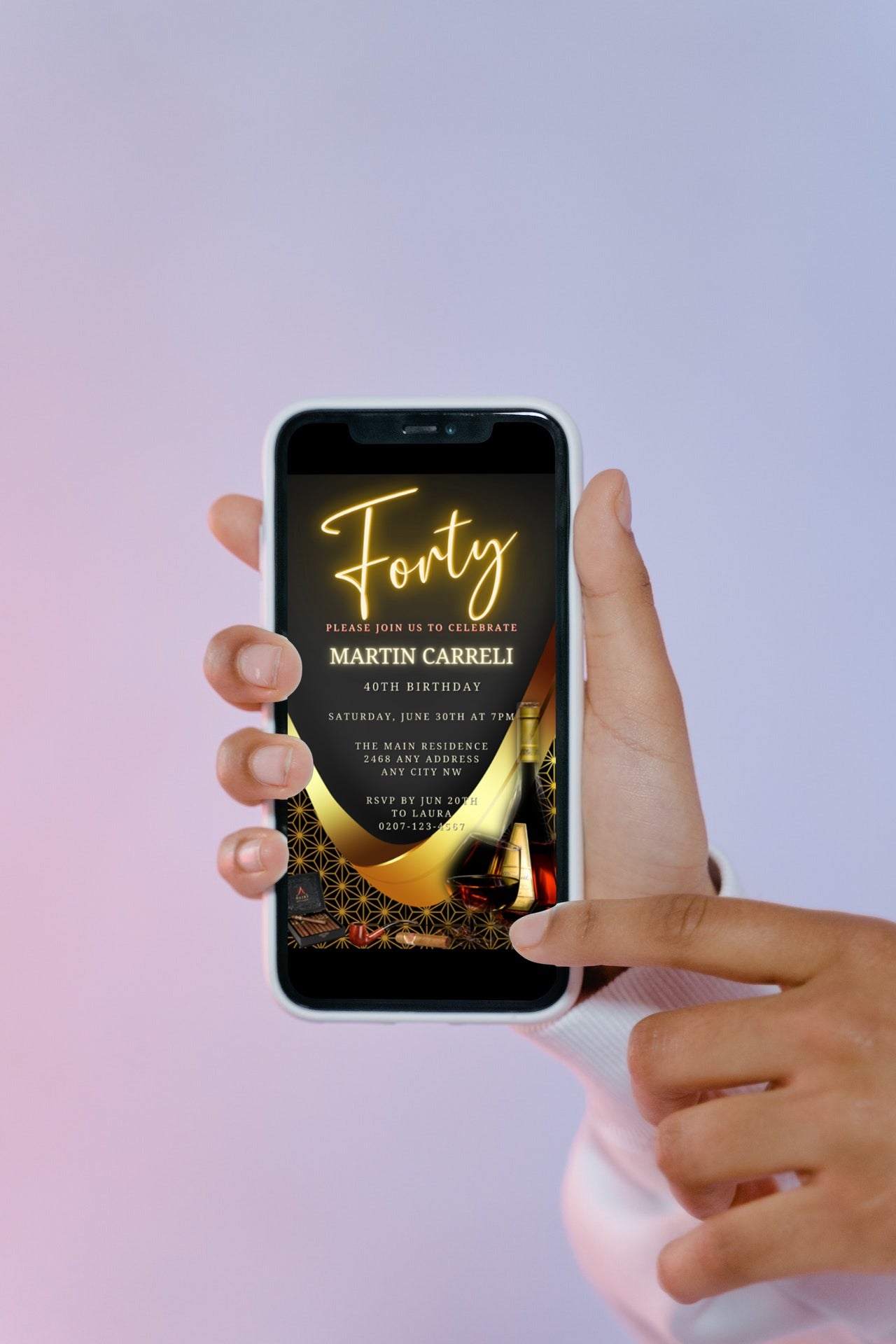 Hand holding a phone displaying a Black Neon Gold Cigar | Men's 40th Birthday Evite, a customisable digital invitation template for smartphones.