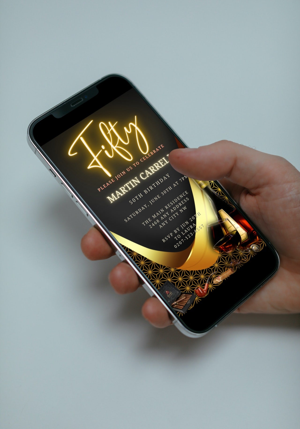Hand holding a smartphone displaying a customizable Black Neon Gold Cigar Men's 50th Birthday Evite from URCordiallyInvited.