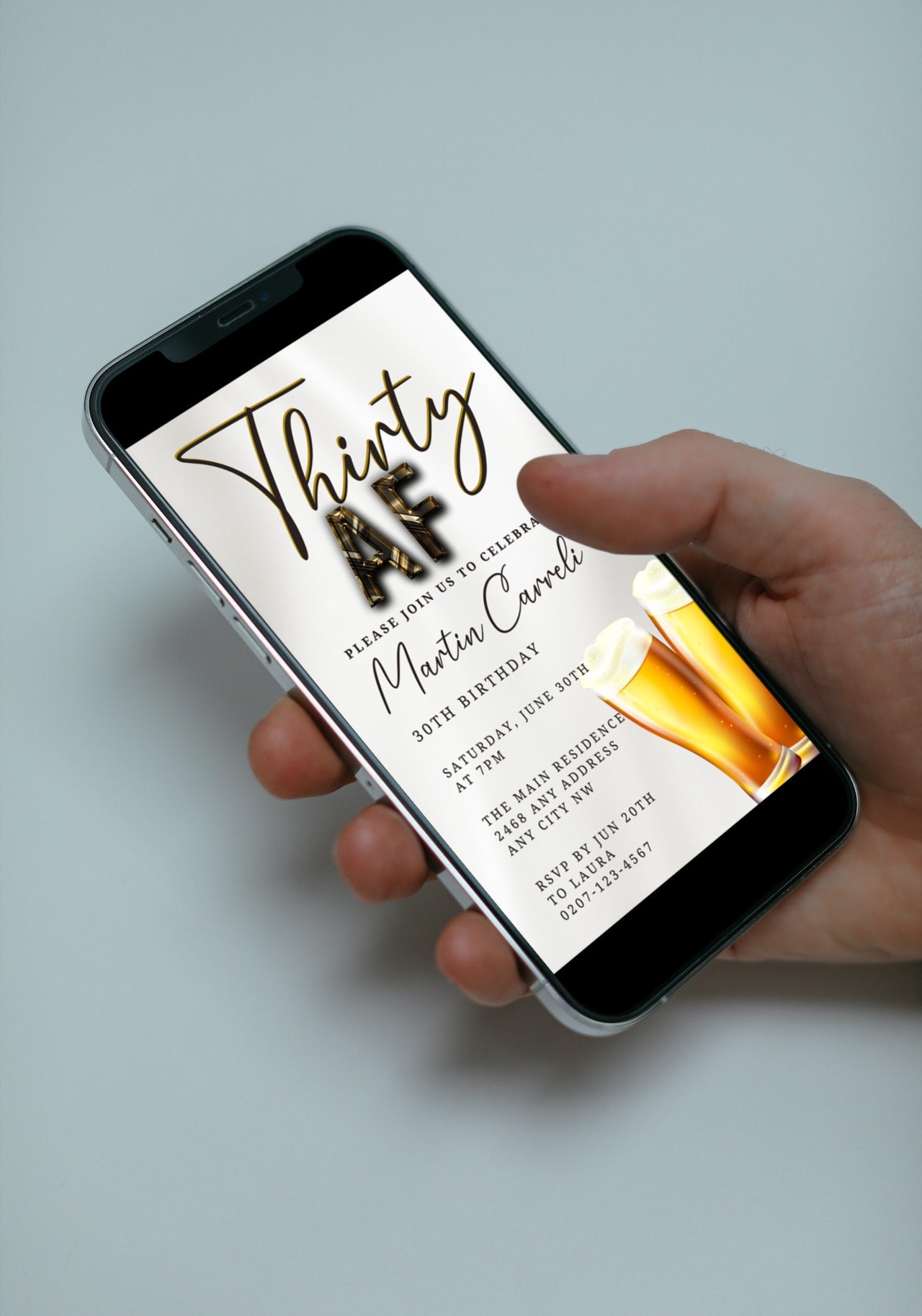 Hand holding a smartphone displaying a customizable White Gold Beer | Thirty AF Party Evite digital invitation template from URCordiallyInvited.