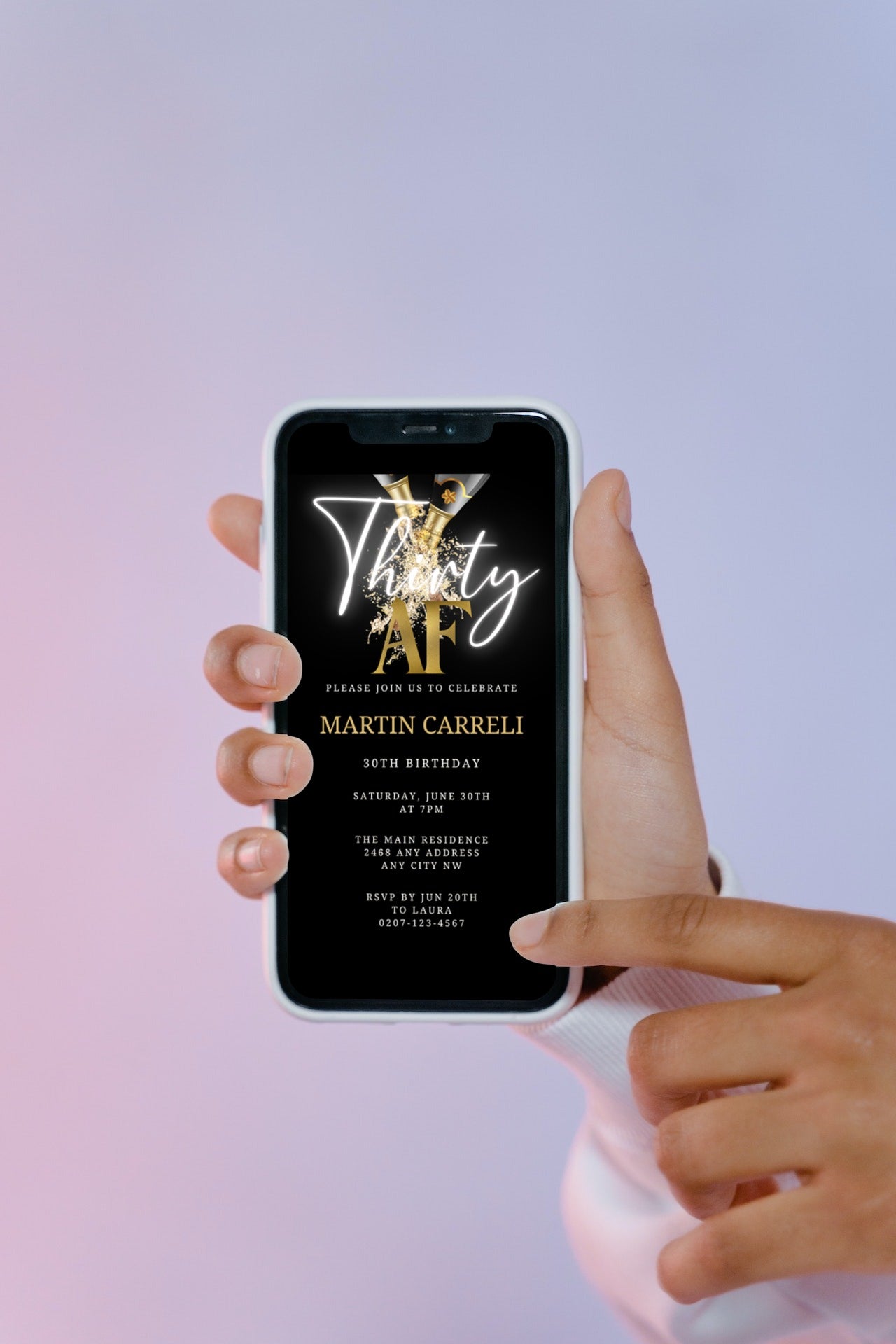 Hand holding a cell phone displaying a customizable digital invitation template for a Thirty AF party from URCordiallyInvited.