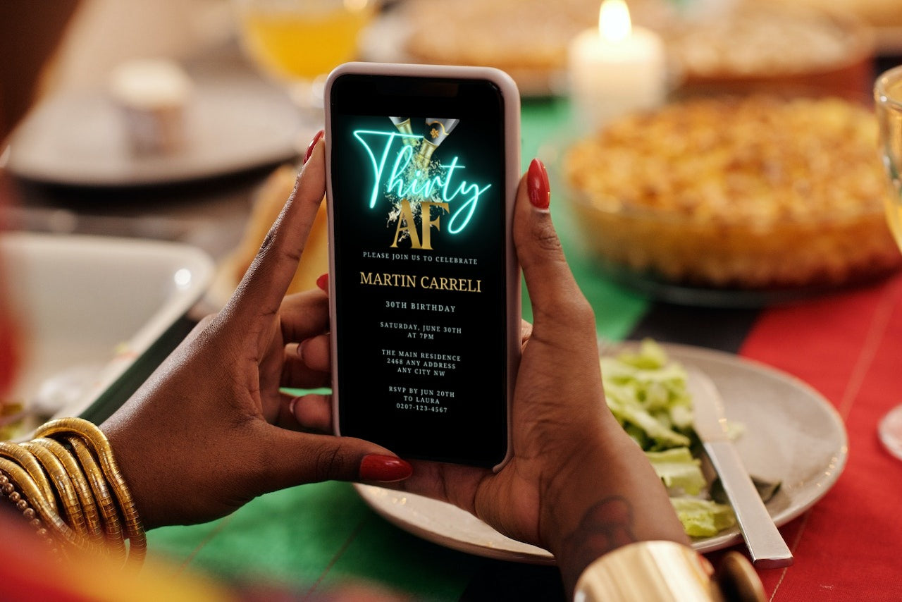 Person holding a phone displaying the customizable Black Gold Champagne Neon Teal | 30AF Party Evite template for personalizing event details using the free Canva design app.