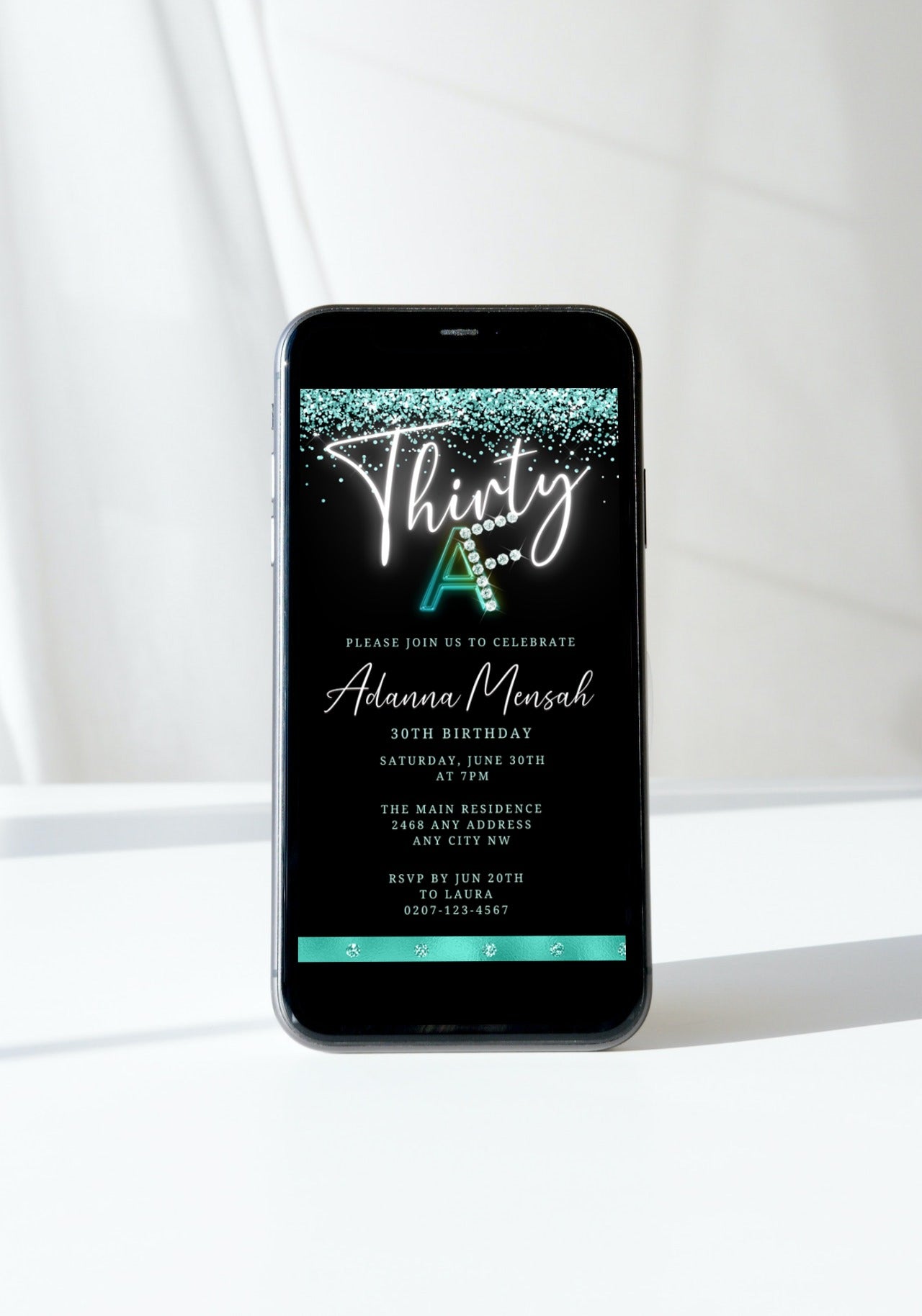 Black Teal Confetti Diamond 30AF Birthday Evite displayed on a smartphone screen, showcasing customizable digital invitation with editable text and design elements for easy personalization.