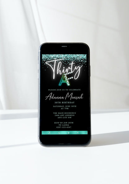 Black Teal Confetti Diamond 30AF Birthday Evite displayed on a smartphone screen, showcasing customizable digital invitation with editable text and design elements for easy personalization.