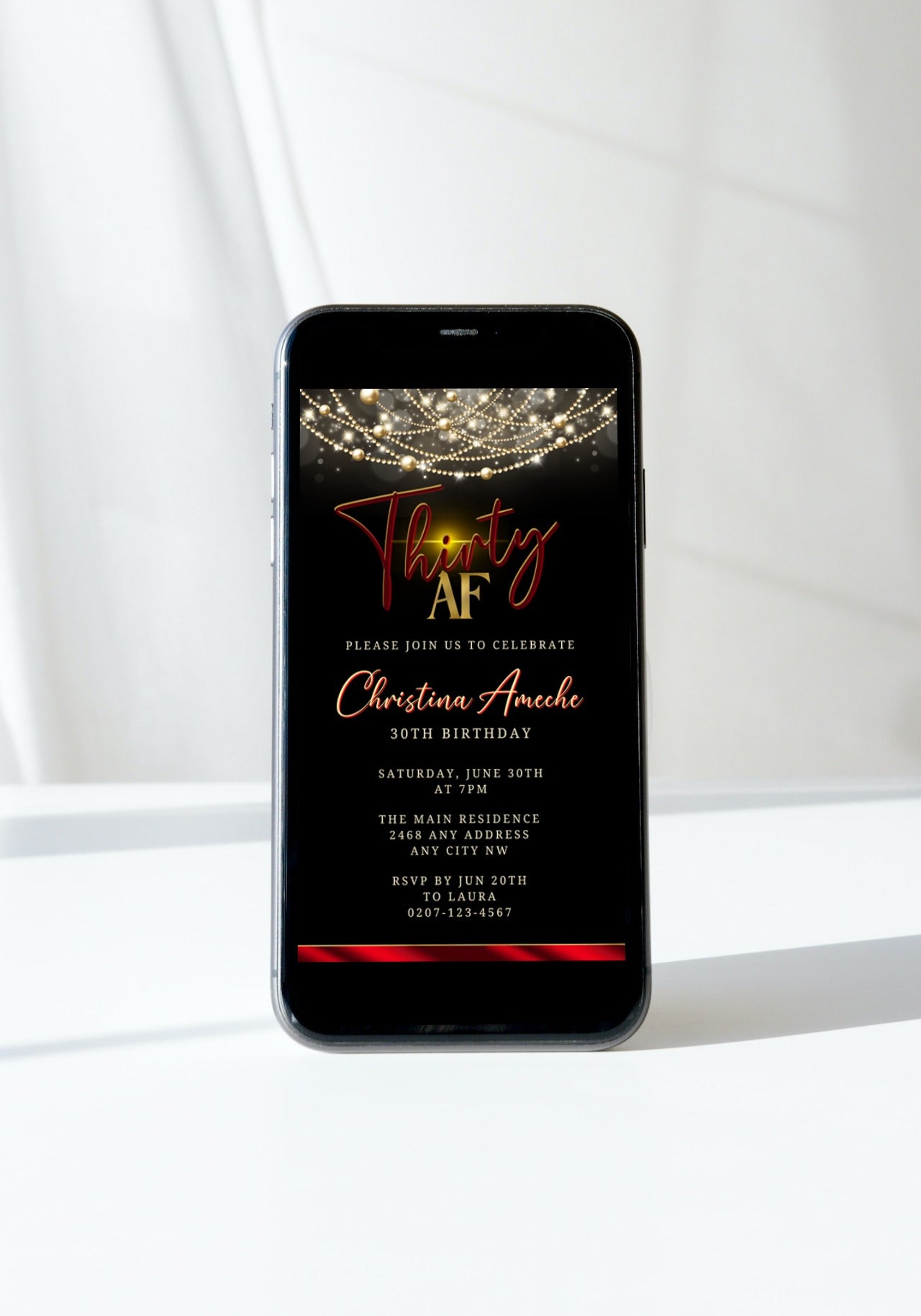 A black phone displaying a customizable Black Red Neon Art Deco Bling 30AF Birthday Evite invitation template for editing and sharing via smartphone.