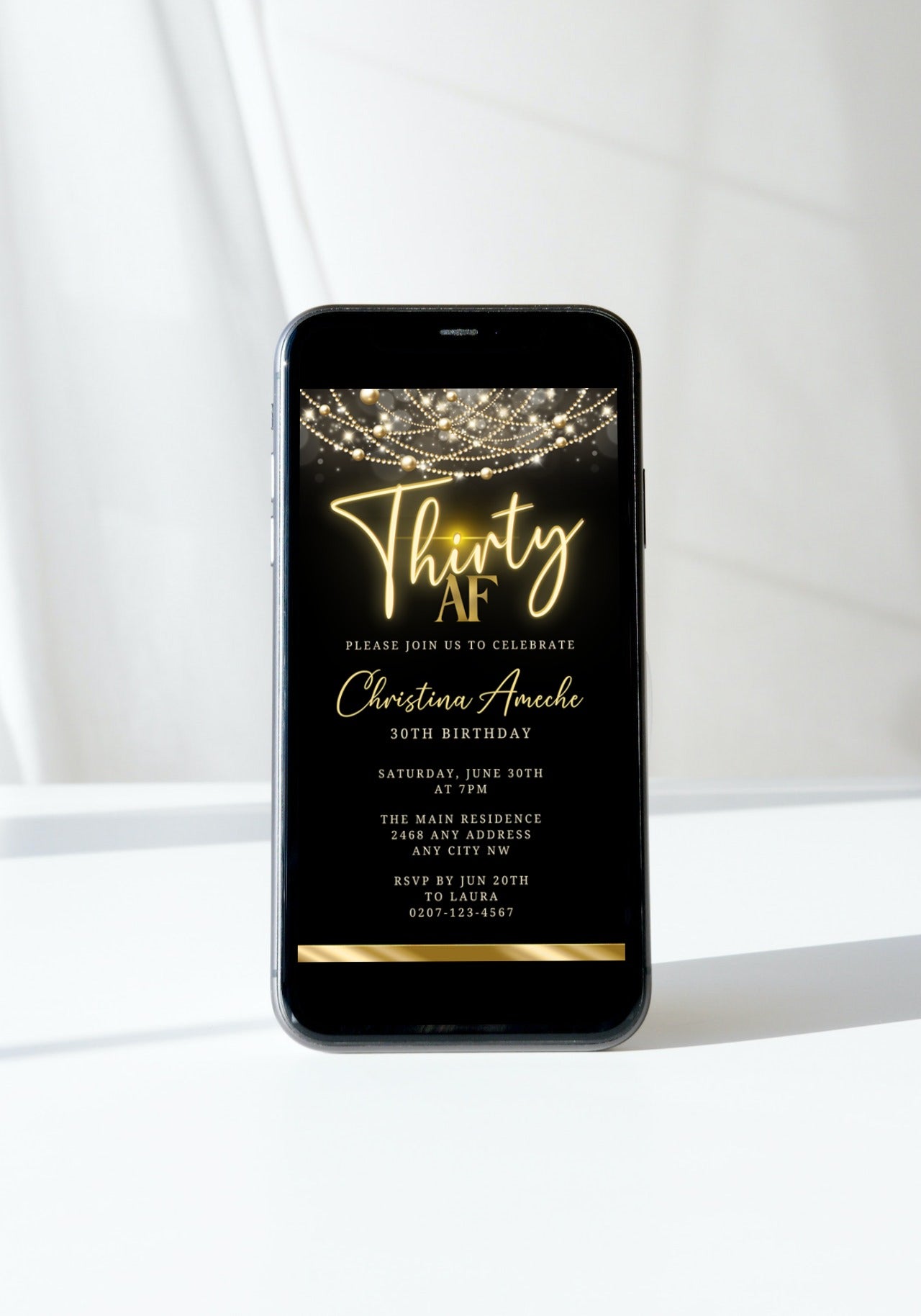 Black Gold Neon Art Deco Bling 30AF Birthday Evite displayed on a smartphone screen, featuring customizable gold text on a black background.