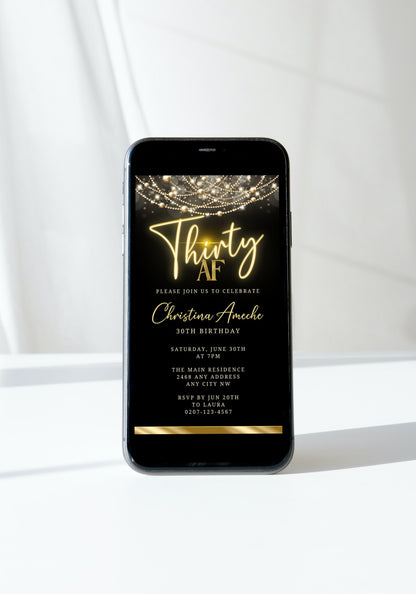 Black Gold Neon Art Deco Bling 30AF Birthday Evite displayed on a smartphone screen, featuring customizable gold text on a black background.