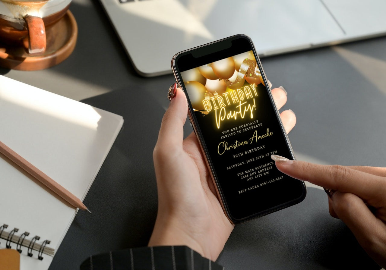 Hand holding a smartphone displaying a customizable Gold Neon Balloons Birthday Party Evite from URCordiallyInvited, ready for personalization and electronic sharing via various messaging apps.