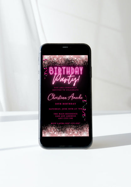 Customizable digital pink glitter ribbon birthday party evite displayed on a smartphone screen, ready to personalize and send electronically via various messaging apps.